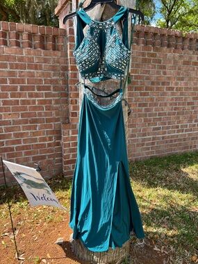 Teal Beaded Two-Piece Formal Gown